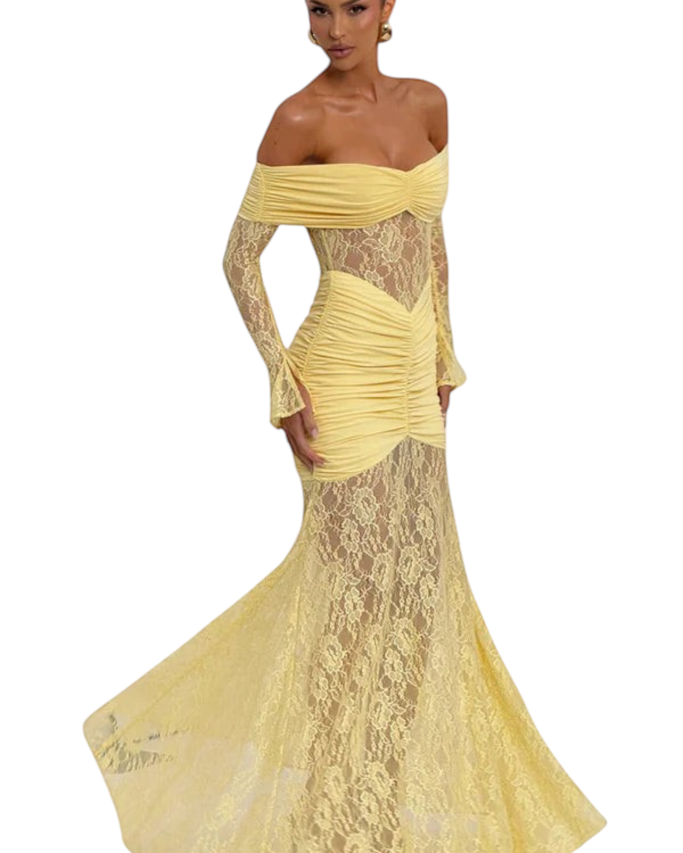 Zevrion off-the-shoulder yellow maxi dress with long lace sleeves and a fitted ruched bodice for special occasions.
