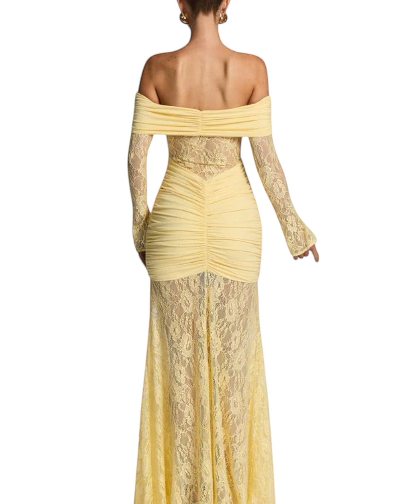 zevrion yellow off-shoulder maxi dress with long lace sleeves and ruched back detail on a model