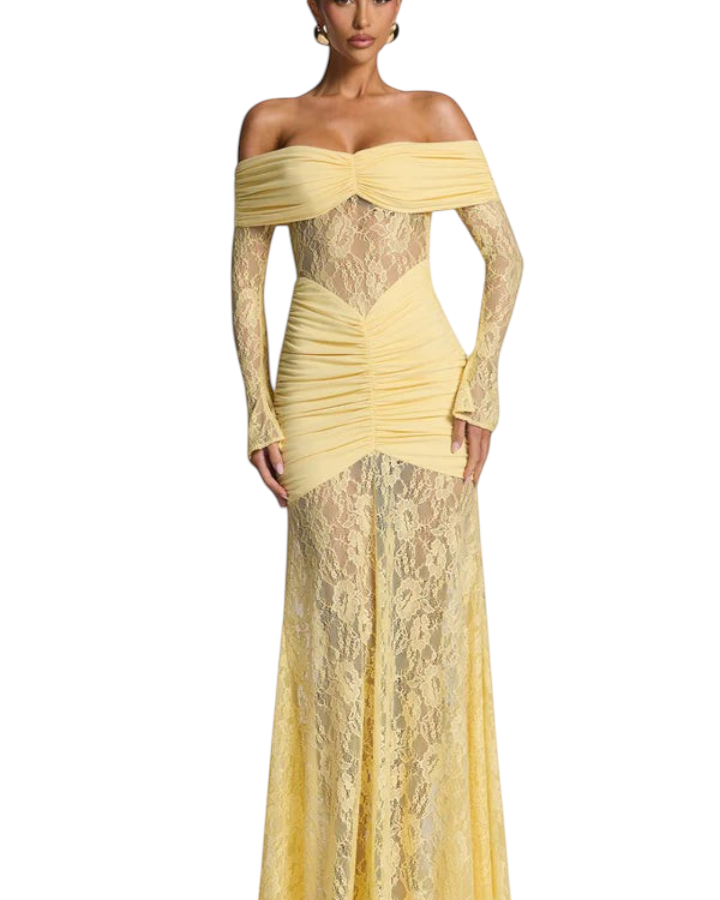 Vestido maxi Zevrion en amarillo pálido con hombros descubiertos y encaje