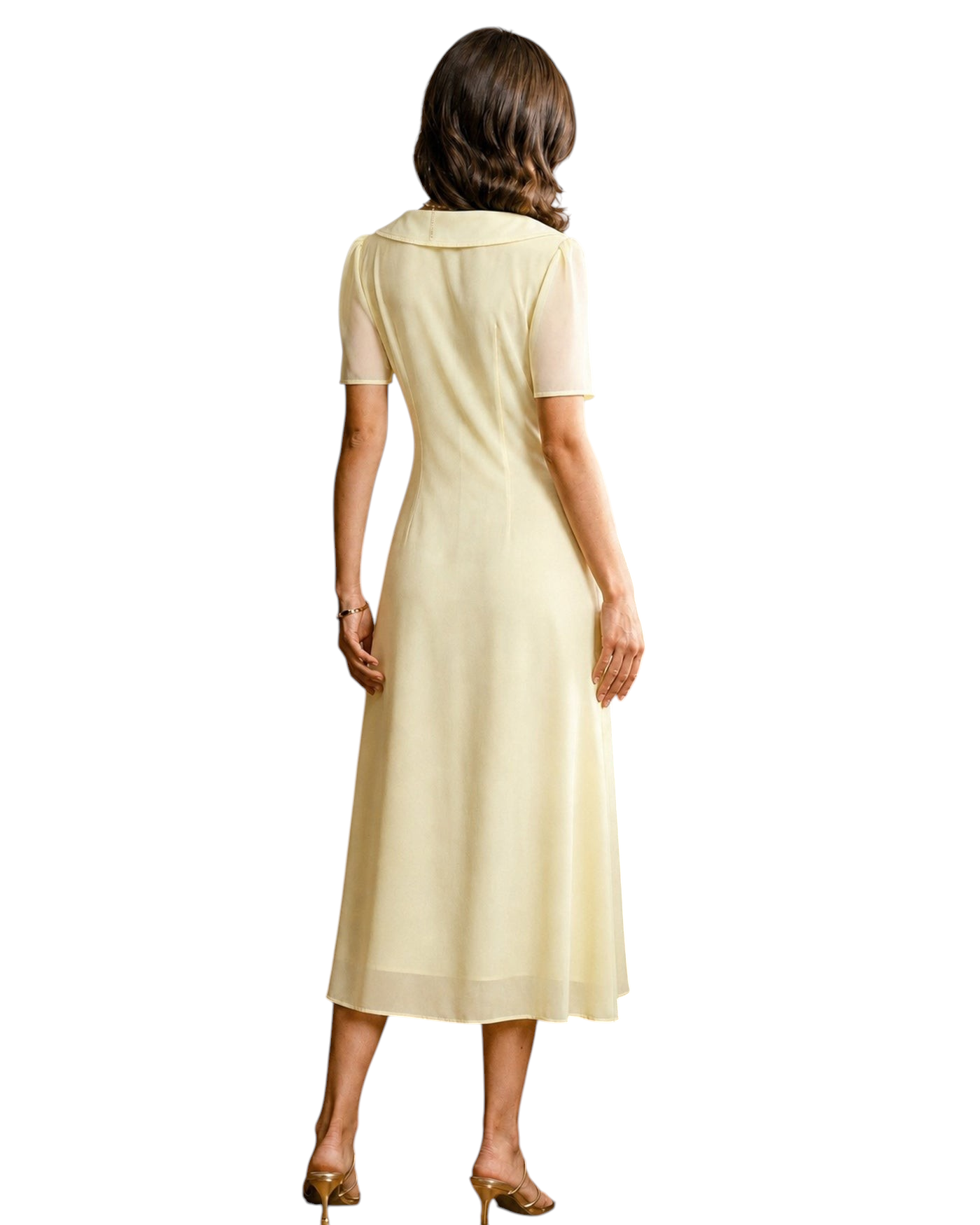 Back view of a woman wearing a zevrion yellow short-sleeve maxi tunic dress with a closed back and elegant fit.