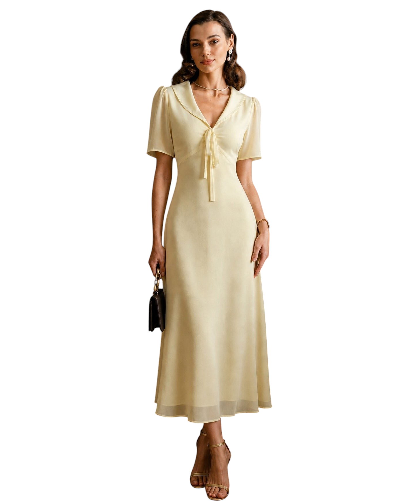 Modelo con vestido túnica maxi Zevrion en amarillo, escote en V y detalle de lazo