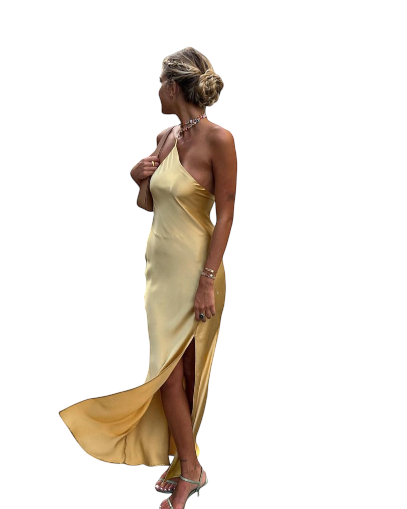 Vestido maxi de satén Zevrion en amarillo con espalda abierta y abertura lateral